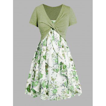 

Plus Size Set Flower Butterfly Print Ruffle A Line Midi Dress And Heather Twisted Cropped Top Set, Light green