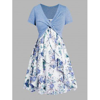 

Plus Size Set Flower Butterfly Print Ruffle A Line Midi Dress And Heather Twisted Cropped Top Set, Blue