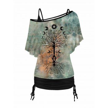 

Tie Dye Tree Moon Phase Skew Neck T Shirt And Cinched Ruched Plain Tank Top Set, Light green