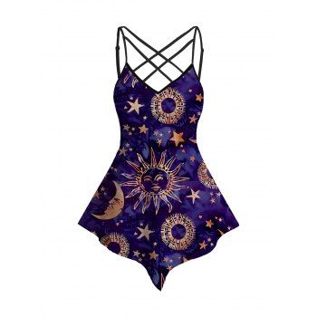 

Sun Star Moon Print Tank Top Asymmetrical Hem Lattice Strap Long Tank Top, Concord