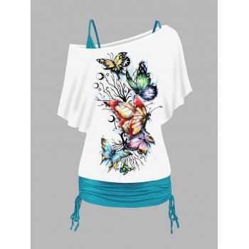 

Colored Butterfly Tree Moon Print Skew Neck T Shirt And Plain Cinched Ruched Long Tank Top Colorblock Set, White