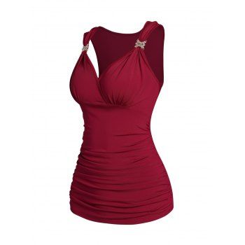 

Surplice Tank Top Plain Color Rhinestone Embellishment Ruched Casual Tank Top, Deep red