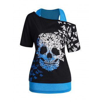 

Butterfly Skull Print Colorblock Faux Twinset T-shirt Cold Shoulder 2 In 1 Tee, Black