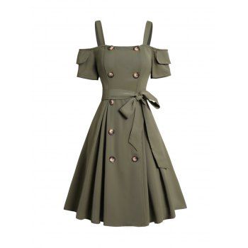 

Cold Shoulder Belted Mini Dress Solid Color Mock Button Short Sleeve Dress, Deep green