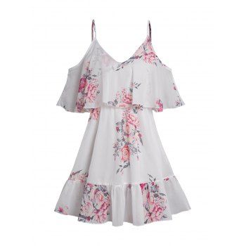

Flower Print Cold Shoulder Flounce Mini Dress Spaghetti Strap V Neck Chiffon Dress, White