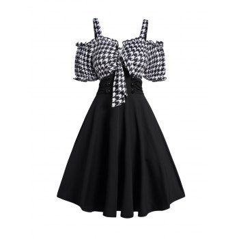 

Cold Shoulder Houndstooth Print Mini Dress Mock Button Bowknot Ruffles High Waist Dress, Black