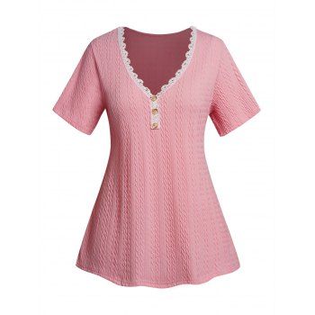 

Plus Size T Shirt Lace Insert Textured Mock Button V Neck Curve Tee, Light pink