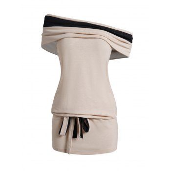 

Colorblock Foldover Drop Waist T-shirt Belted Casual Long Tee, Light coffee
