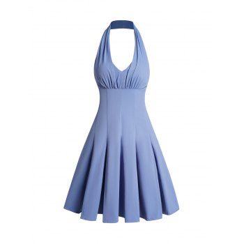 

Pleated Dress Ruched Backless Halter Empire Waist Plain Color A Line Mini Dress, Light blue