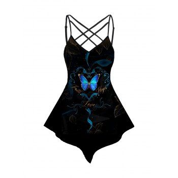 

Butterfly Print Tank Top Lattice Strap Asymmetrical Hem Long Tank Top, Black