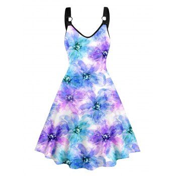 

Vacation Dress Allover Colored Flower Print O-ring Strap V Neck Sleeveless A Line Midi Dress, Multicolor