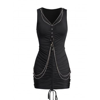 

Cinched Dress Ruched Grommet Chain Embellishment V Neck Bodycon Plain Color Mini Dress, Black