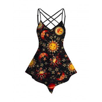 

Sun Star Moon Print Tank Top Asymmetrical Hem Lattice Strap Long Tank Top, Black
