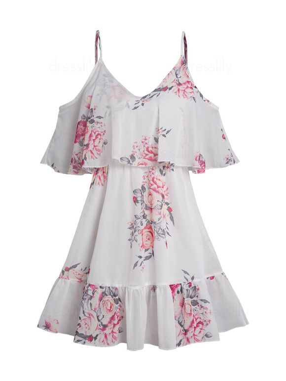 Flower Print Cold Shoulder Flounce Mini Dress Spaghetti Strap V Neck Chiffon Dress - WHITE XL