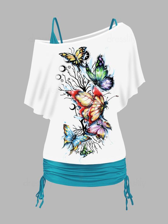 Colored Butterfly Tree Moon Print Skew Neck T Shirt And Plain Cinched Ruched Long Tank Top Colorblock Set - WHITE XXL