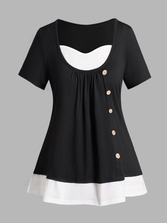 Plus Size T Shirt Contrast Colorblock Mock Button Ruched Faux Twinset T Shirt - BLACK 3XL