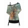 Tie Dye Tree Moon Phase Skew Neck T Shirt And Cinched Ruched Plain Tank Top Set - LIGHT GREEN M