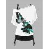 Ensemble de T-shirt à Imprimé Papillon Fleur Peinture D'Encre en Blocs de Couleurs et de Débardeur Long à Volants - Blanc XL
