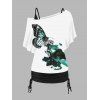 Butterfly Flower Print Ink Painting Skew Neck T Shirt And Cinched Ruched Long Tank Top Colorblock Set