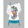 Ensemble de T-shirt Court à Imprimé Papillon et Lune Coloré à Col Oblique et de Débardeur Long Plissé - Blanc XL