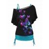 Colored Butterfly Print Skew Neck T Shirt And Plain Cinched Ruched Long Tank Top Colorblock Set