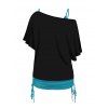Colored Butterfly Print Skew Neck T Shirt And Plain Cinched Ruched Long Tank Top Colorblock Set - BLACK XXL
