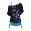 Colored Butterfly Print Skew Neck T Shirt And Plain Cinched Ruched Long Tank Top Colorblock Set - BLACK XXL