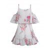 Flower Print Cold Shoulder Flounce Mini Dress Spaghetti Strap V Neck Chiffon Dress - WHITE XL