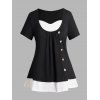 Plus Size T Shirt Contrast Colorblock Mock Button Ruched Faux Twinset T Shirt - BLACK 3XL