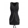 Mini Robe Moulante Ruché Embellie de Chaîne en Couleur Unie à Col V - Noir XXL
