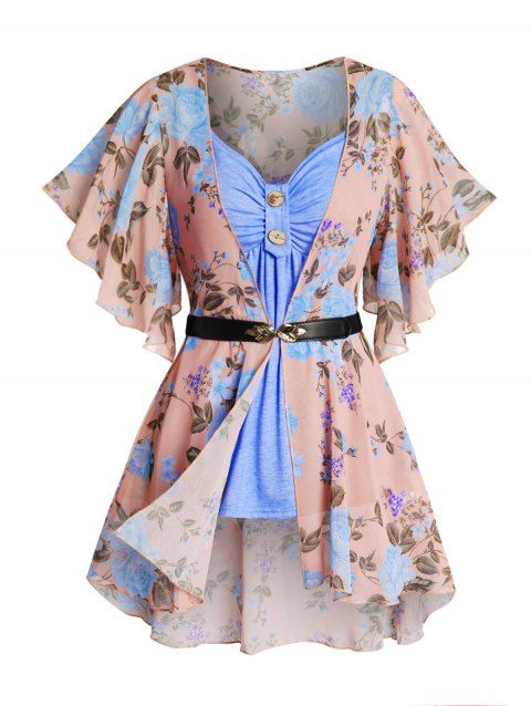 Flower Print Flutter Sleeve See Thru Chiffon Top And Ruched Mock Button Camisole Two Piece Set
