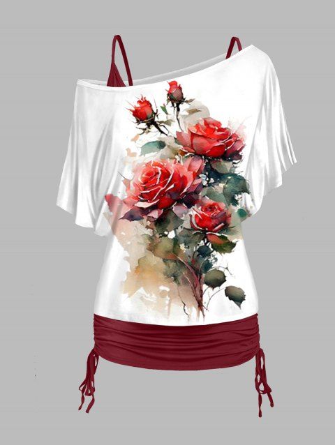 Flower Print Skew Collar T-shirt And Cinched Ruched V Neck Spaghetti Strap Camisole Set