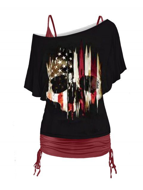 Skull American Flag Print Skew Collar T-shirt And V Neck Cinched Spaghetti Strap Camisole Two Piece Set