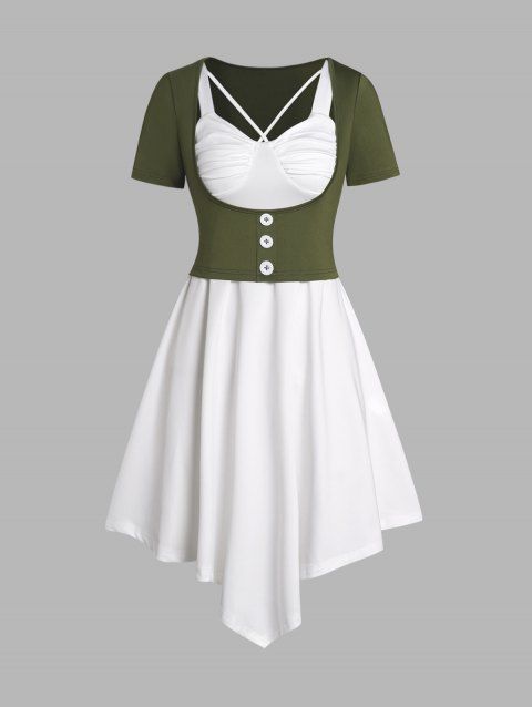 Short Sleeve Mock Button Top And Ruched Bust Crisscross Asymmetric Dress Two Piece Set
