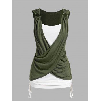 

Contrast Colorblock Tank Top Cinched Ruched Crossover Casual Tank Top, Deep green