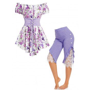 

Butterfly Flower Print Off The Shoulder Lace Up Long Asymmetrical T Shirt And Lace Panel Mock Button Ruffles Capri Pants Outfit, Multicolor