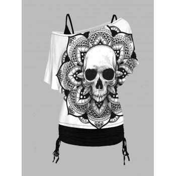 

Skull Flower Print Skew Collar Short Sleeve T-shirt And Cinched V Neck Spaghetti Strap Camisole Two Piece Set, Black