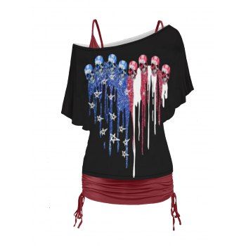 

Skull Star And Stripe Print Skew Collar T-shirt And Cinched Ruched V Neck Spaghetti Strap Camisole Set, Red