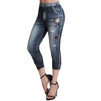 

Celestial Sun Moon Faux Denim 3D Print Capri Leggings Elastic Waist Cropped Leggings, Black