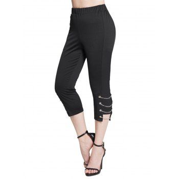 

Chain Lace Up Eyelet Capri Pants Solid Color Elastic Waist Cropped Pants, Black