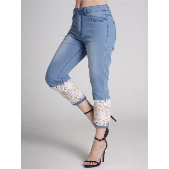 

Contrast See Thru Guipure Lace Panel Capri Jeans Zip Fly Cropped Denim Pants, Blue