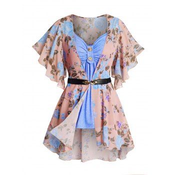 

Flower Print Flutter Sleeve See Thru Chiffon Top And Ruched Mock Button Camisole Two Piece Set, Multicolor