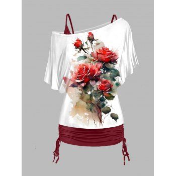 

Flower Print Skew Collar T-shirt And Cinched Ruched V Neck Spaghetti Strap Camisole Set, Red