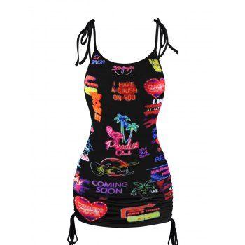 

Heart Slogan Palm Tree Neon Night Print Long Tank Top Cinched Tie Knot Strap Tank Top, Black