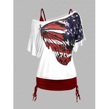 

Star And Stripe Butterfly Print Skew Collar T-shirt V Neck Cinched Spaghetti Strap Camisole Two Piece Set, White