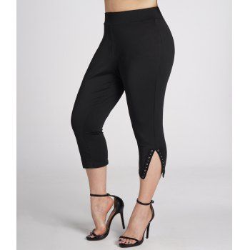 

Plus Size Cropped Leggings Plain Color Grommet Rivet Slit Capri Leggings, Black