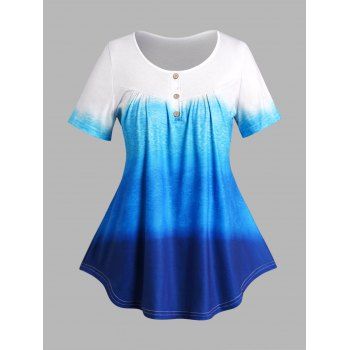 

Plus Size T Shirt Ombre Half Button Curved Hem Casual Tee, Blue