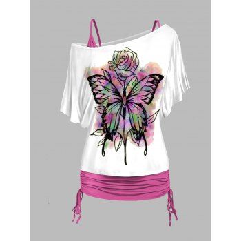 

Flower Psychedelic Butterfly Print Skew Collar T-shirt Cinched Ruched Spaghetti Strap Camisole Two Piece Set, Light pink