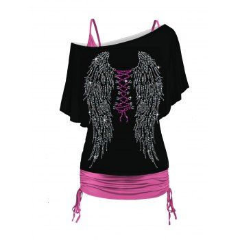 

Wing Print Skew Collar Short Sleeve T-shirt And Cinched Ruched V Neck Spaghetti Strap Camisole Two Piece Set, Light pink