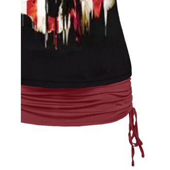 Skull American Flag Print Skew Collar T-shirt And V Neck Cinched Spaghetti Strap Camisole Two Piece Set